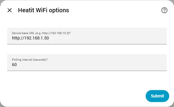 The Heatit WiFi options dialog with the device URL and a 60 second update interval