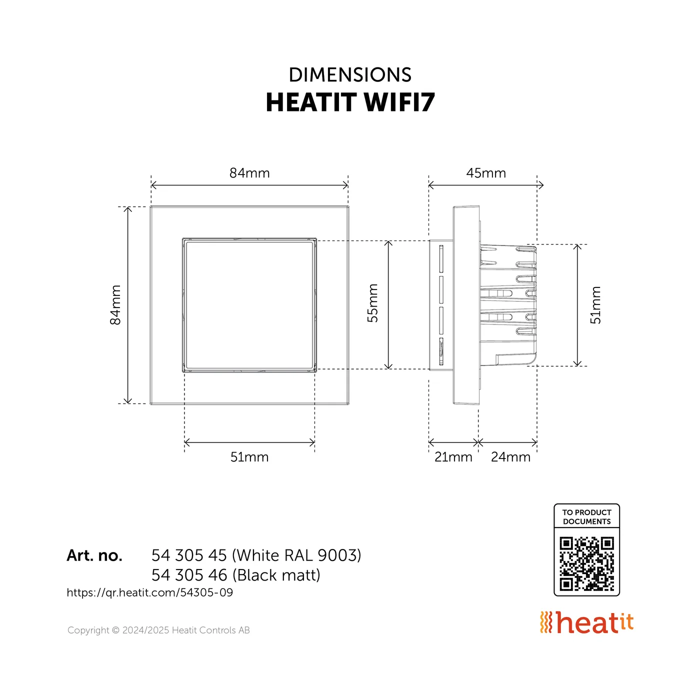 Heatit WiFi7 διαστάσεις 84×84×45mm