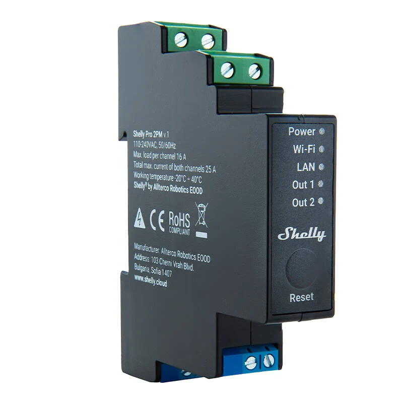 Shelly Pro 2PM — front view with Power, Wi-Fi, LAN, Out 1, Out 2 indicators