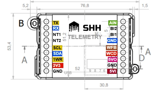SHH-TELEMETRY — pinout diagram: TX, RX, NT1, NT2, SCL, SDA, 1WR, 3V3, GND, AIN, BI1, BI2, WFB, WCD, PWM