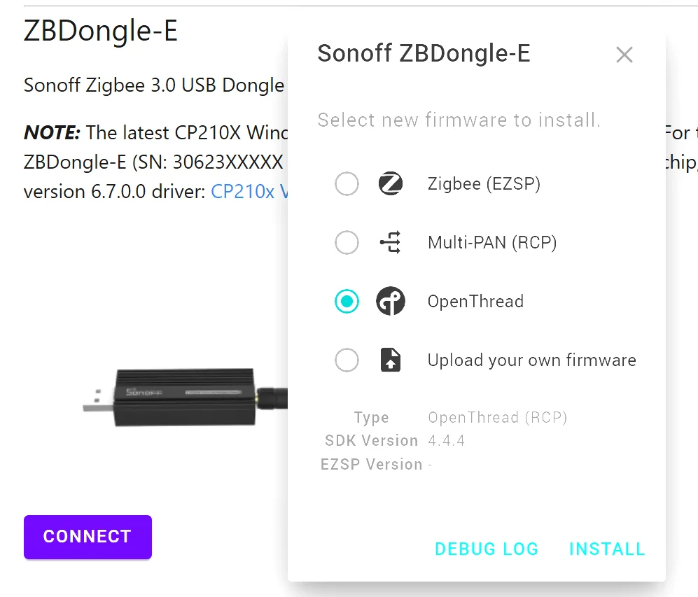 Ο web flasher silabs-firmware-builder με επιλεγμένο το firmware OpenThread (RCP) για το Sonoff ZBDongle-E
